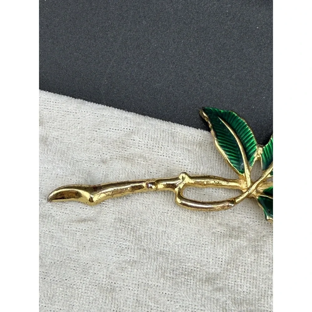 Vintage Rose Brooch Enamel Red Flower‎ Green Leaves Gold Tone Large